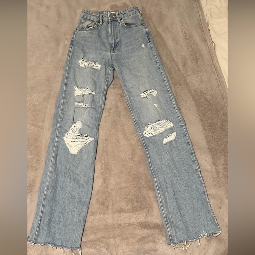 Zara Light Blue Distressed Straight Leg Jeans
